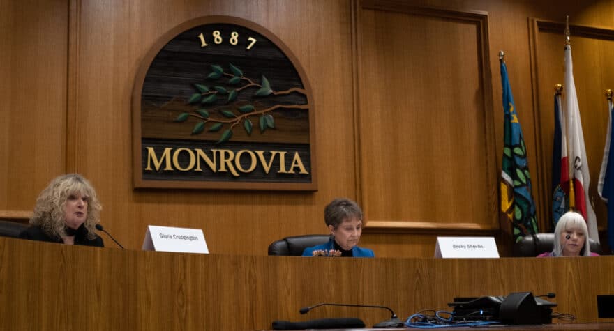 (Left to right) Gloria Crudgington, Becky Shevlin and Donna Baker field questions from residents at the Monrovia City Council candidates forum on Thursday, Feb. 13.
